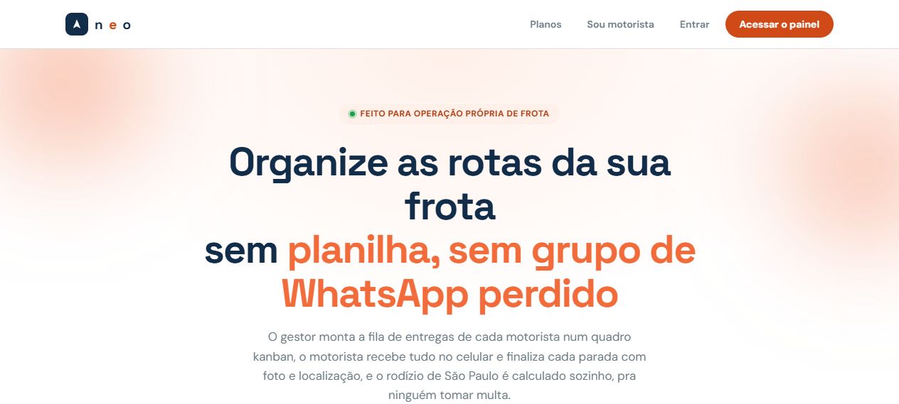 Página inicial do Neo, com prévia do quadro de despacho de rotas