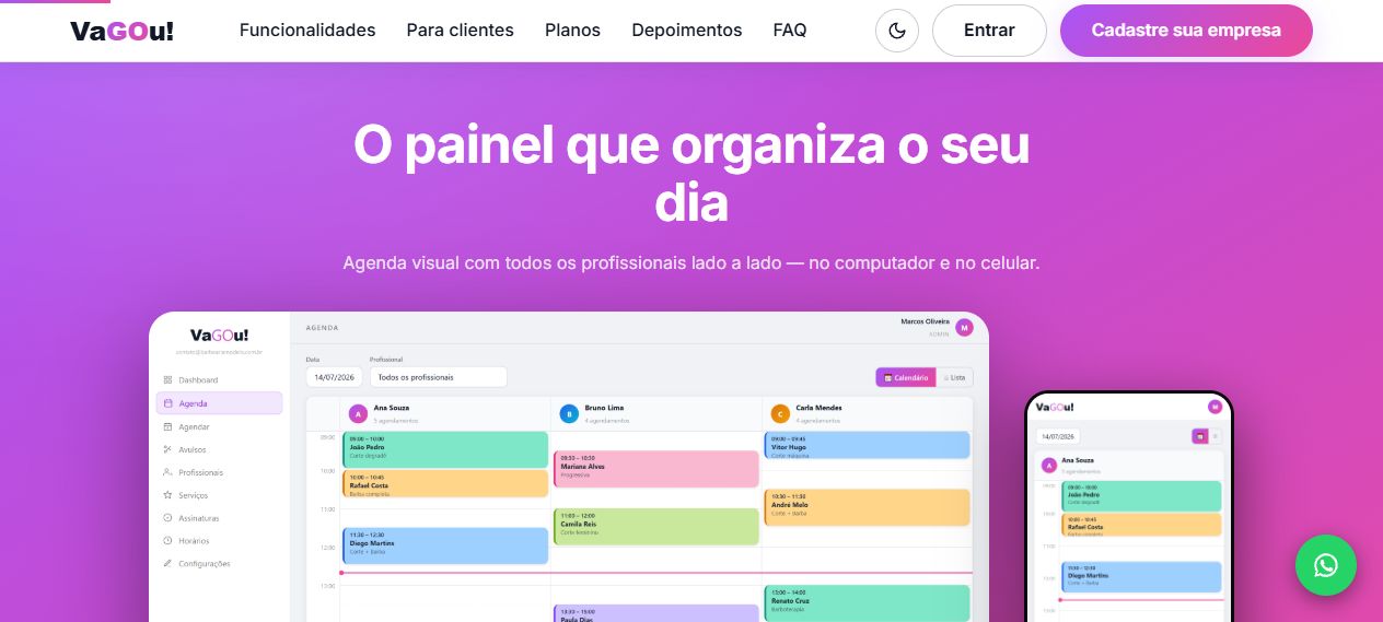 Painel de agenda do VaGOu!, com profissionais lado a lado, e prévia do aplicativo mobile